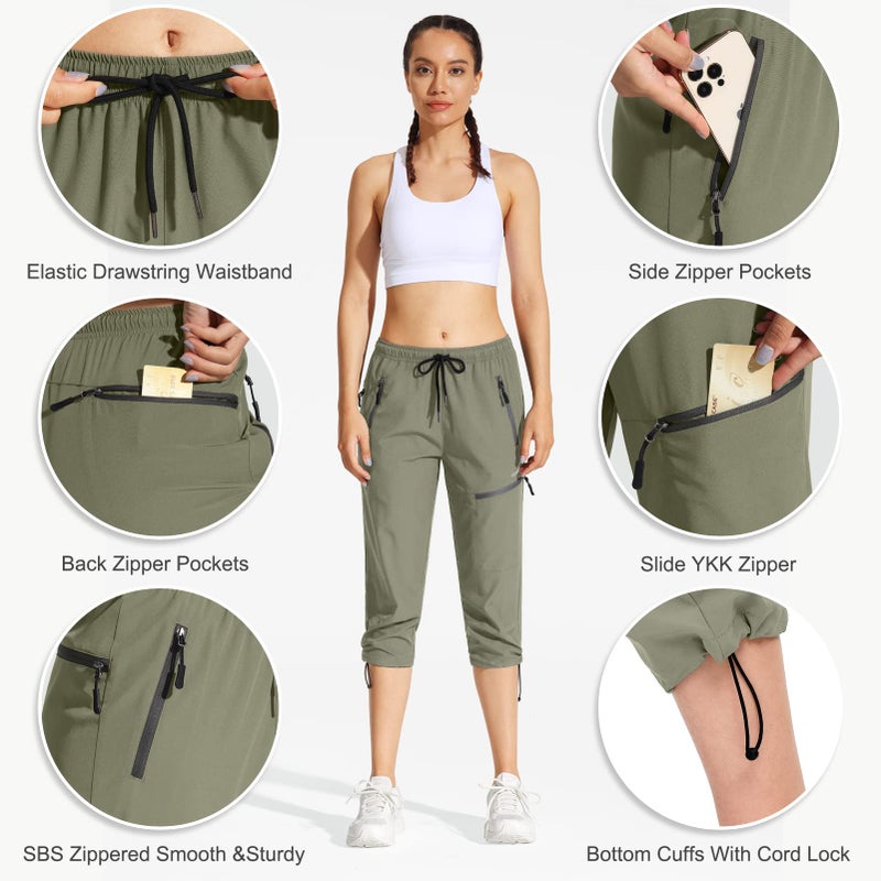 MOCOLY Women's Hiking Capris Pants Outdoor Lightweight Quick Dry Water Resistant UPF 50 Cargo Pants with Zipper Pockets Green S - Image 4